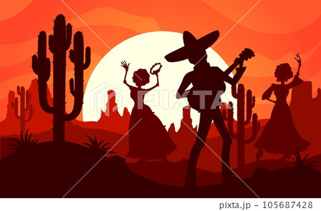Mexican desert sunset landscape. Silhouettes of mariachi musician and dancing woman. Vector festive scene of traditional holiday celebration in Mexico with male and female figures at dusk desert 105687428