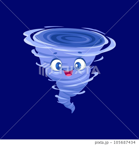 Cartoon cute tornado weather character. Isolated vector storm, whirlwind twister, cyclone personage. Funnel with funny smiling face. Weather forecast element, hurricane vortex, swirl or twist whirl Cartoon cute tornado weather character. Isolated vector storm, whirlwind twister, cyclone personage. Funnel with funny smiling face. Weather forecast element, hurricane vortex, swirl or twist whirl 105687434