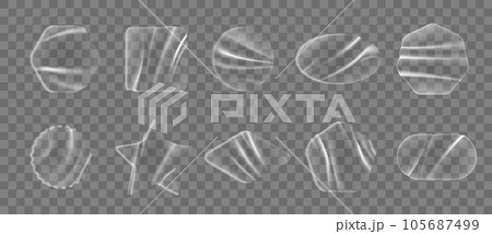 Adhesive geometric transparent plastic stickers, overlay patches. Clear, wrinkled, sticky labels. Isolated realistic 3d vector round, square, star, pentahedron, hexahedron or oval and rhombus shapes 105687499