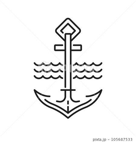 Marine boat or vessel anchor and wave line icon. Nautical sailing ship metal anchor line symbol, Navy vessel or yacht iron hook or marine cruise ship heavy equipment outline vector sign or pictogram Marine boat or vessel anchor and wave line icon. Nautical sailing ship metal anchor line symbol, Navy vessel or yacht iron hook or marine cruise ship heavy equipment outline vector sign or pictogram 105687533