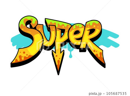 Super graffiti street art, urban style. Isolated vector word in yellow and brown hues with blue splash and toxic green drips, bursts with energy, commands attention, exuding urban artistic expression 105687535