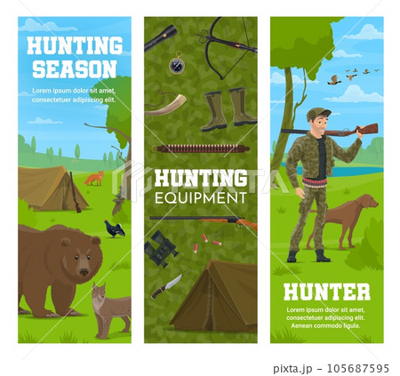 Hunting equipment, hunter and forest animals, vector banners with bear and fox. Hunt season on ducks and wild animals with rifle gun, hunting dog and bullet bandoleer or hunter tent and crossbow 105687595