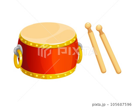 Cartoon drum, Chinese new lunar year item and China holiday celebration vector symbol. Chinese music instrument Tanggu drum with drumsticks, Asian traditional item of lunar new year festival 105687596
