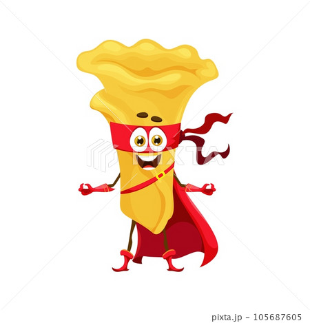 Cartoon campanelle italian pasta food superhero character wear red defender mask and cloak fighting crime for culinary justice in the kitchen. Isolated vector super hero noodle guardian personage 105687605