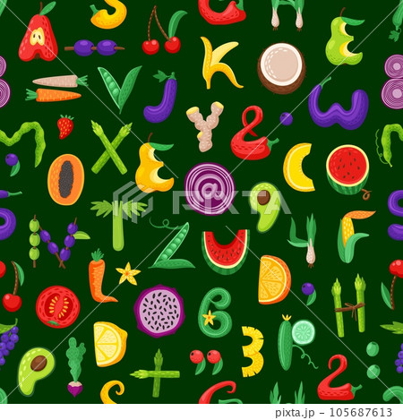 Cartoon fruit and vegetable font letters seamless pattern of vector healthy food. Fresh veggies alphabet background with tomato, orange, corn and banana, apple, cucumber, carrot and asparagus letters Cartoon fruit and vegetable font letters seamless pattern of vector healthy food. Fresh veggies alphabet background with tomato, orange, corn and banana, apple, cucumber, carrot and asparagus letters 105687613