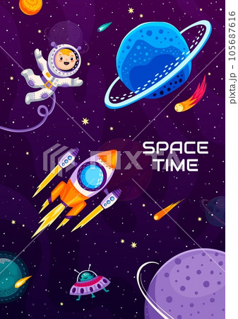 Cartoon space poster, cute kid astronaut and rocket soaring through cosmic abyss, futuristic landscape with extraterrestrial beings. Vector banner of science fiction and interstellar travel theme 105687616