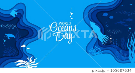 World ocean day, sea paper cut underwater landscape and animal silhouettes, vector background Papercut undersea turtle, squid and dolphins in paper cut layers for ocean day and sea environment World ocean day, sea paper cut underwater landscape and animal silhouettes, vector background Papercut undersea turtle, squid and dolphins in paper cut layers for ocean day and sea environment 105687634