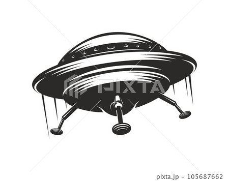 UFO icon, flying saucer with trails, alien spaceship or space galaxy ship, vector martian spacecraft. UFO saucer in retro monochrome, mystic fantasy universe and extraterrestrial galaxy spacecraft UFO icon, flying saucer with trails, alien spaceship or space galaxy ship, vector martian spacecraft. UFO saucer in retro monochrome, mystic fantasy universe and extraterrestrial galaxy spacecraft 105687662