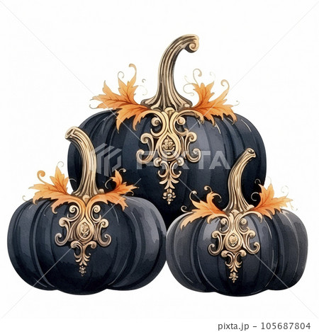 Watercolor halloween black Victorian pumpkin. Autumn dark decor. Colored decorated pumpkins, black and orange pumpkin 105687804
