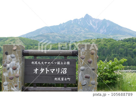 オタトマリ沼の標識と利尻山　利尻島　北海道 105688789
