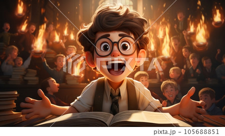 Joyful schoolboy engrossed in a book 105688851