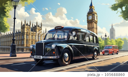 Classic taxi cab in 60s London 105688860