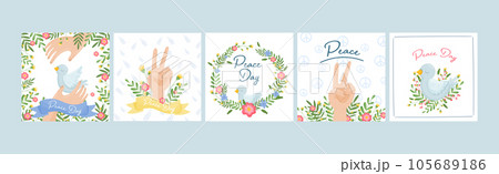 Peace Day Card with Pigeon, Floral Wreath and Hand Vector Set 105689186