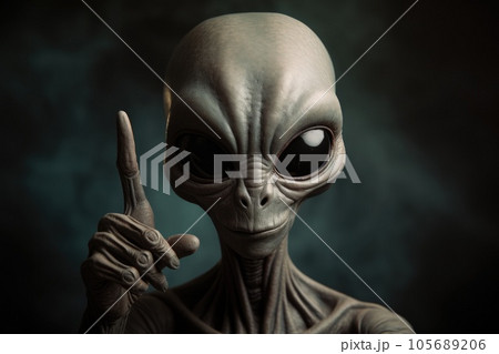 Alien humanoid shows a raised finger. Friendly alien. Alien humanoid shows a raised finger. Friendly alien. 105689206