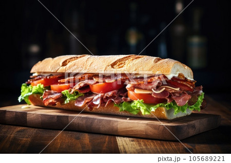 Sandwich with prosciutto, tomato and cheese on a wooden rustic background. 105689221