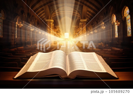Open holy bible book with glowing lights in church 105689270
