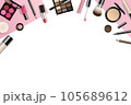 Vector make-up background with space for your text and cosmetic tools on white background from top view 105689612
