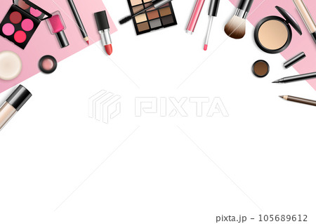 Vector make-up background with space for your text and cosmetic tools on white background from top view 105689612