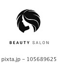 Black vector beauty salon or hairdresser icon design with silhouette of beautiful woman's portrait isolated on white background 105689625
