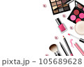 Vector make-up background with space for your text and cosmetic tools on white background from top view 105689628