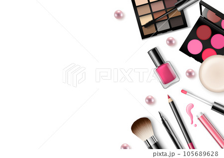 Vector make-up background with space for your text and cosmetic tools on white background from top view 105689628