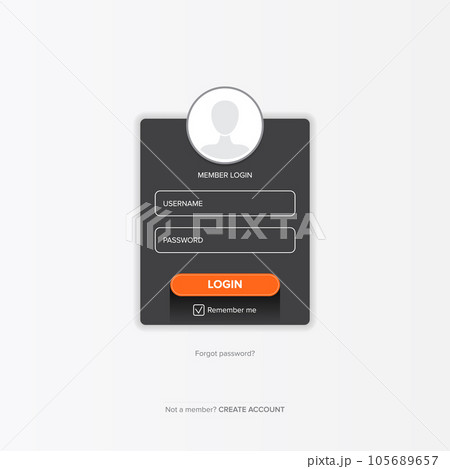 Dark grey Login form web page design template or mock up. Mobile website ui vector elements set. Dark grey Login form web page design template or mock up. Mobile website ui vector elements set. 105689657