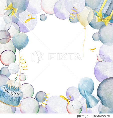 Watercolor illustration hand drawing. Cute frame cards with a cake, balloons, ribbons, soap bubbles and flags 105689976