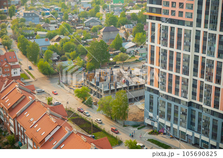 city quarter, building under construction, townhouses, tower modern building, street, road, cars, trees. bird's eye view, aerial view, summer. master plan. city quarter, building under construction, townhouses, tower modern building, street, road, cars, trees. bird's eye view, aerial view, summer. master plan. 105690825