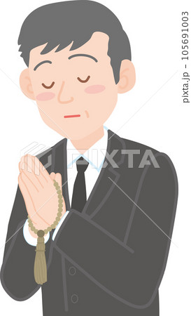 葬儀関係のイラスト_数珠を持って目を瞑り手を合わせる高齢男性 105691003