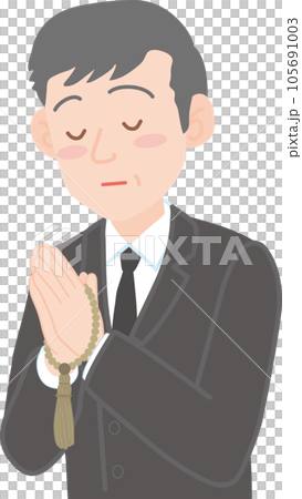 葬儀関係のイラスト_数珠を持って目を瞑り手を合わせる高齢男性 105691003