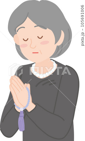 葬儀関係のイラスト_数珠を持って目を瞑り手を合わせる高齢女性 葬儀関係のイラスト_数珠を持って目を瞑り手を合わせる高齢女性 105691006