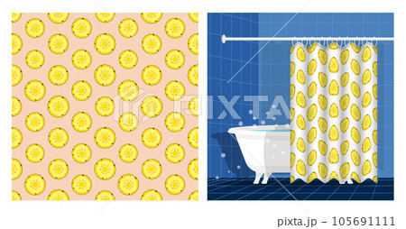 Bathroom interior with bathtub and curtain decorated seamless pattern with pineapple circle. Harvesting tropical fruits. Vector illustration, ornament for design of posters, printing on fabric 105691111