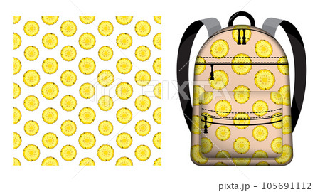 Children school backpack decorated seamless pattern with pineapple circle. Harvesting tropical fruits. Vector ornament for design of posters and printing on textile 105691112