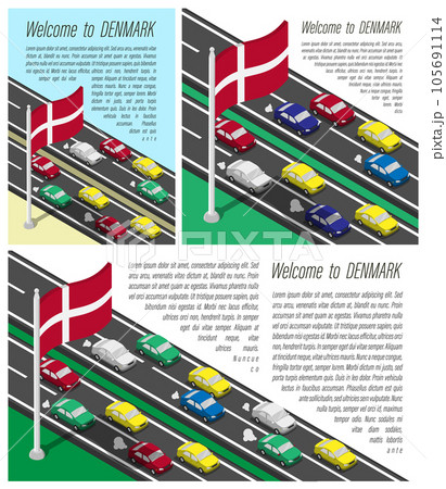 Isometric flag of Denmark on flagpole fluttering wind. Crossing of Danish country border by car travels. Set of information horizontal, square and vertical vector banner, templates for printing 105691114