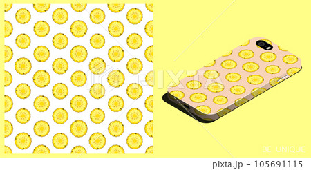 Modern smartphone in unique case decorated seamless pattern with pineapple circle. Harvesting tropical fruits. Isometric top view. Vector ornament for design of posters and accessory 105691115