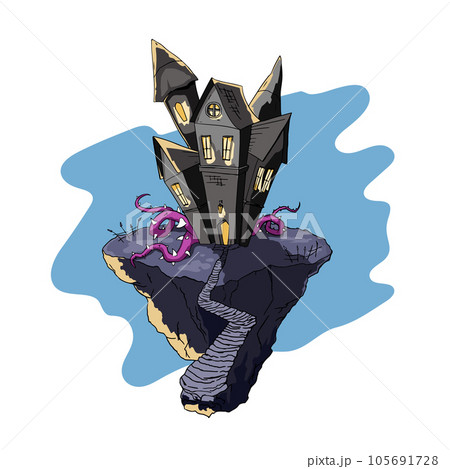 Isolated halloween castle. Cartoon scary house with spooky tentacles. Old tower party card. Holiday art 105691728