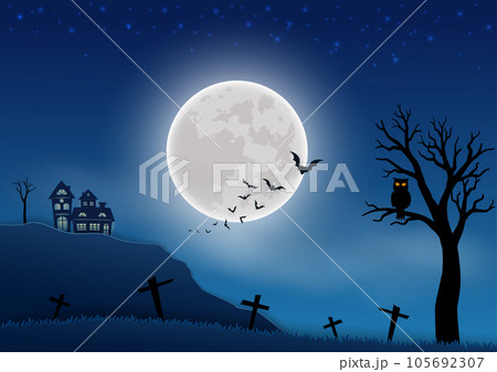 Happy Halloween celebrate theme on night scene background with graveyard and haunted house on full moon night Happy Halloween celebrate theme on night scene background with graveyard and haunted house on full moon night 105692307