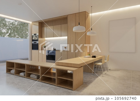 Minimal wooden kitchen and dining table. 3D illustration rendering 105692740
