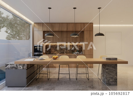 Minimal wooden kitchen and dining table. 3D illustration rendering Minimal wooden kitchen and dining table. 3D illustration rendering 105692817