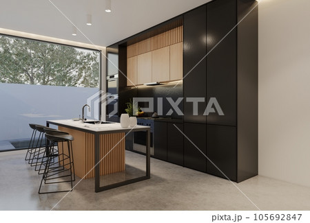 Minimal wooden kitchen and dining table. 3D illustration rendering 105692847