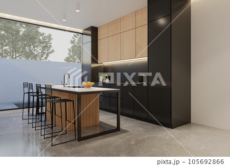 Minimal wooden kitchen and dining table. 3D illustration rendering 105692866