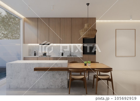 Minimal wooden kitchen and dining table. 3D illustration rendering 105692919