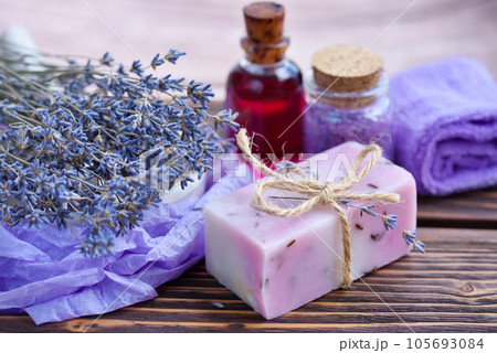 Lavender spa products on wooden table. Body care products with lavender 105693084