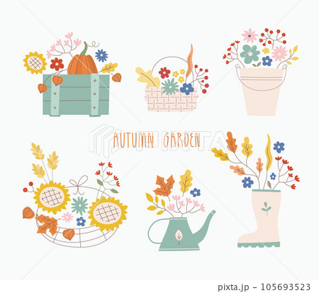 Cute autunb bouquet vector illustrations set. Vegetables, flowers in baskets, boxes. 105693523