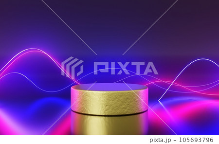 Gold round podium with neon lights on dark background 3d render. Luxury empty stage with laser show for award ceremony or cosmetic product display. Golden stand with glow wave lines. 3D illustration Gold round podium with neon lights on dark background 3d render. Luxury empty stage with laser show for award ceremony or cosmetic product display. Golden stand with glow wave lines. 3D illustration 105693796