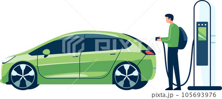 Futuristic Electric Vehicle, Electric Car Charging Station, Environmentally Friendly Transportation, Flat Style Vector Illustration. Futuristic Electric Vehicle, Electric Car Charging Station, Environmentally Friendly Transportation, Flat Style Vector Illustration. 105693976