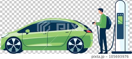Futuristic Electric Vehicle, Electric Car Charging Station, Environmentally Friendly Transportation, Flat Style Vector Illustration. Futuristic Electric Vehicle, Electric Car Charging Station, Environmentally Friendly Transportation, Flat Style Vector Illustration. 105693976