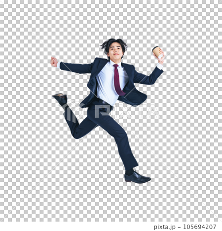 PNG年輕商人帶著咖啡杯背景透明剪報跳躍 105694207