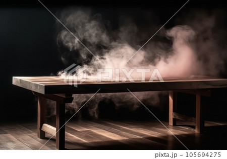 Empty wooden table with smoke float up on dark background, perspective wooden floor shelf table, used as a studio background wall to display your products. AI Generative. 105694275