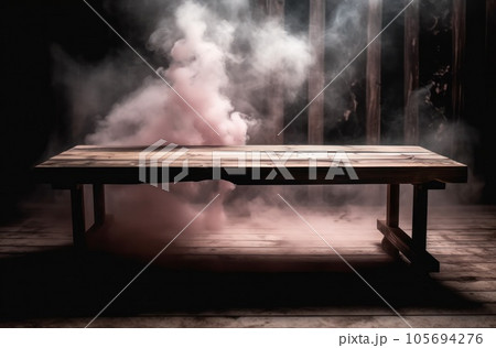 Empty wooden table with smoke float up on dark background, perspective wooden floor shelf table, used as a studio background wall to display your products. AI Generative. 105694276